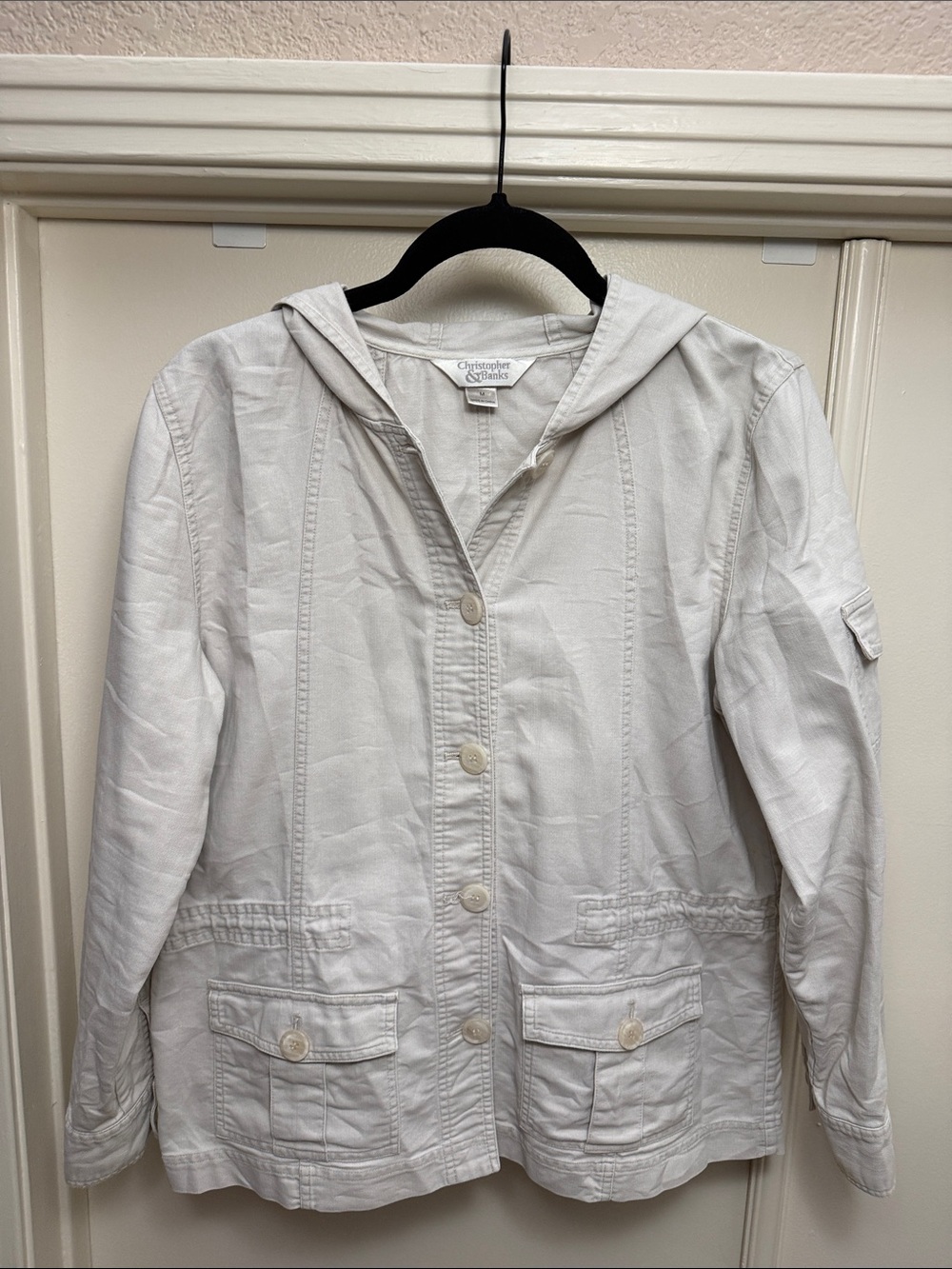 Christopher & Banks Cream Hooded Button-Front Light Jacket. 100% Cotton. Size M